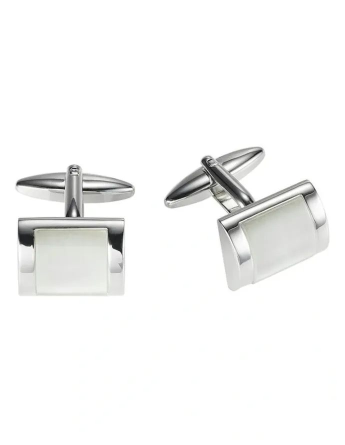 Cudworth Rhodium Plated Rectangle Cufflinks With Curved Face Cats Eye Inlay in White