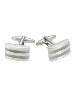 Cudworth Rhodium Plated Stripe Cats Eye Cufflinks in White