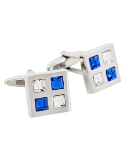 Cudworth Rhodium Plated Sapphire And Clear Crystal Cufflinks in Silver