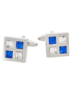 Cudworth Rhodium Plated Sapphire And Clear Crystal Cufflinks in Silver