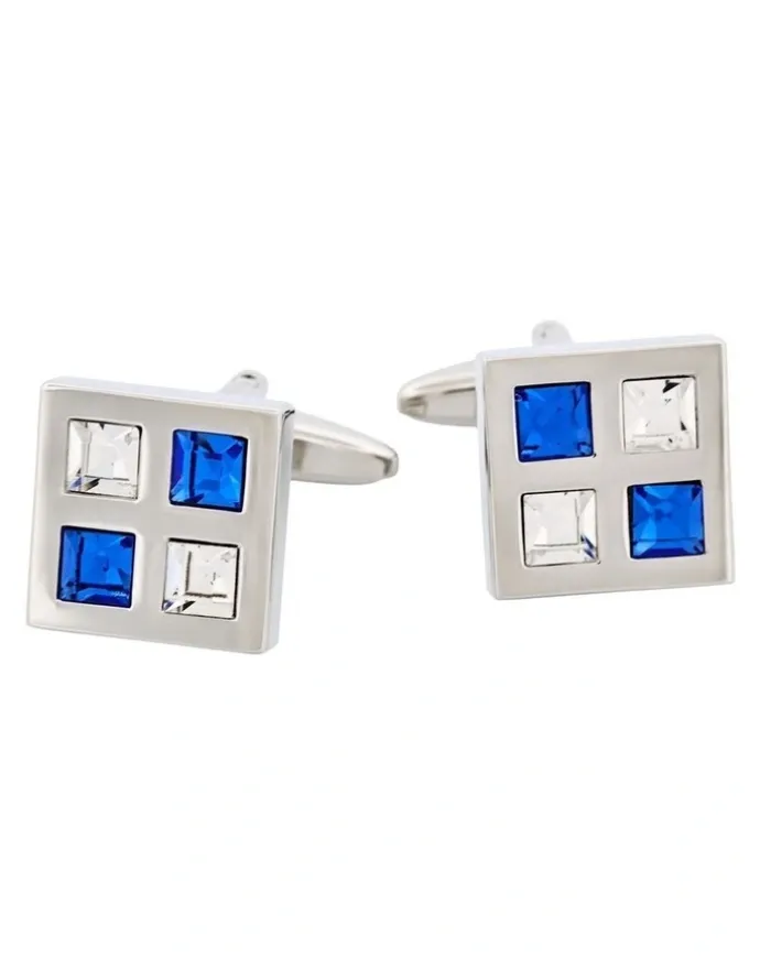 Cudworth Rhodium Plated Sapphire And Clear Crystal Cufflinks in Silver