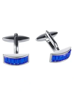 Cudworth Rhodium Plated Sapphire Crystal Curved Shaped Cufflinks in Silver
