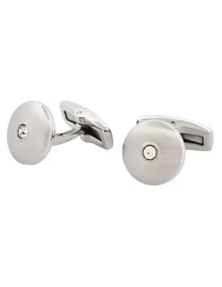 Cudworth Round Brushed Stainless Steel With Cubic Zirconia Cuff Links in Silver