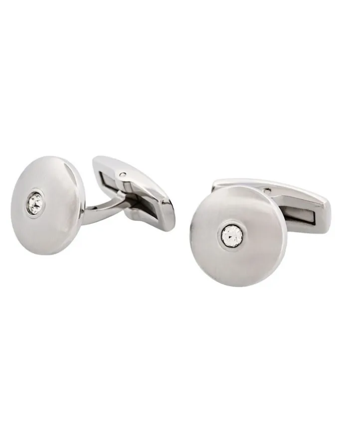 Cudworth Round Brushed Stainless Steel With Cubic Zirconia Cuff Links in Silver