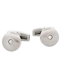 Cudworth Round Brushed Stainless Steel With Cubic Zirconia Cuff Links in Silver