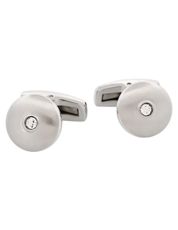 Cudworth Round Brushed Stainless Steel With Cubic Zirconia Cuff Links in Silver