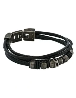 Cudworth Skull Stygian Leather Bracelet in Black