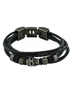 Cudworth Skull Stygian Leather Bracelet in Black