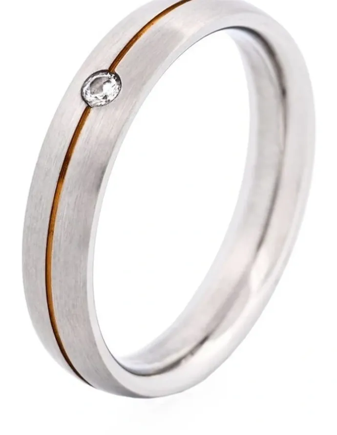 Cudworth Slim Brushed Stainless Steel With Ion Plated Stripe And Cubic Zirconia Ring in Gold