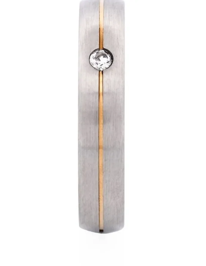 Cudworth Slim Brushed Stainless Steel With Ion Plated Stripe And Cubic Zirconia Ring in Gold