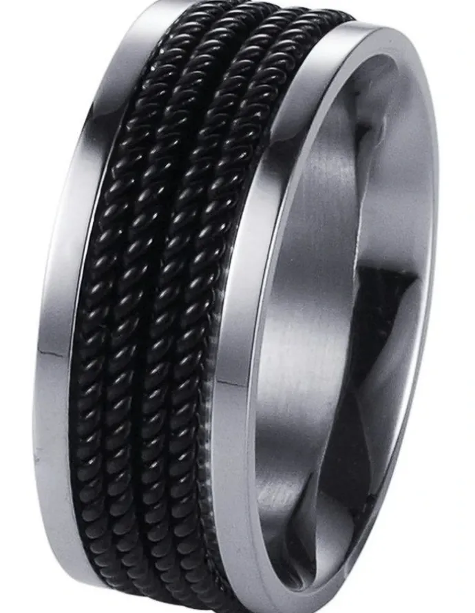 Cudworth Stainless Steel Ring With Ion Plated Corded Bands in Black
