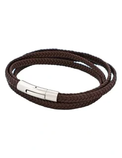 Cudworth Stainless Steel & Leather Double Strand Bracelet in Brown