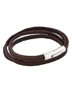 Cudworth Stainless Steel & Leather Double Strand Bracelet in Brown