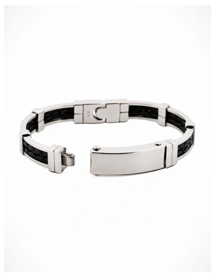 Cudworth Stainless Steel Leather Small Bangle in Silver
