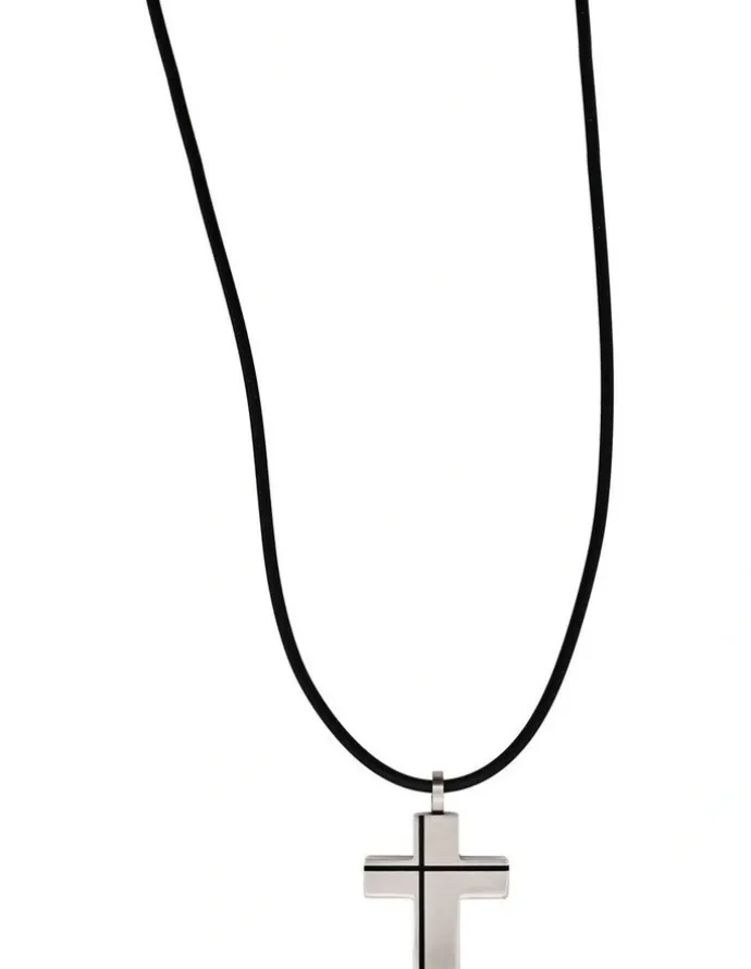 Cudworth Stainless Steel Cross Pendant And Rubber Chain in Black
