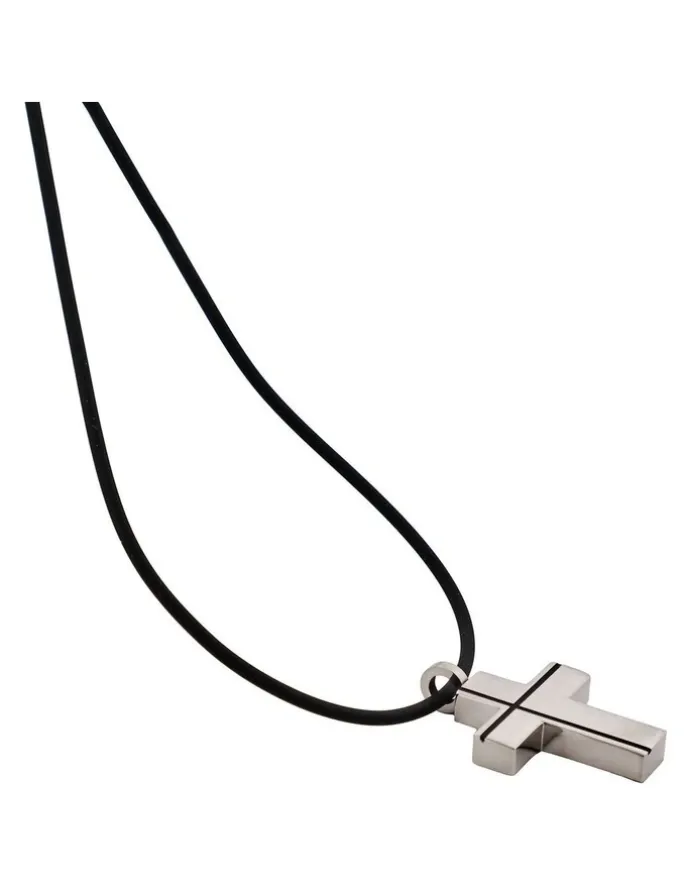 Cudworth Stainless Steel Cross Pendant And Rubber Chain in Black