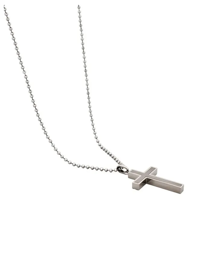 Cudworth Stainless Steel Cross Pendant With Ion Plated Pearl Inlay On Ball Chain in Silver