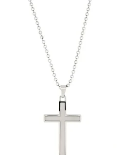 Cudworth Stainless Steel Cross Pendant With Ion Plated Pearl Inlay On Ball Chain in Silver