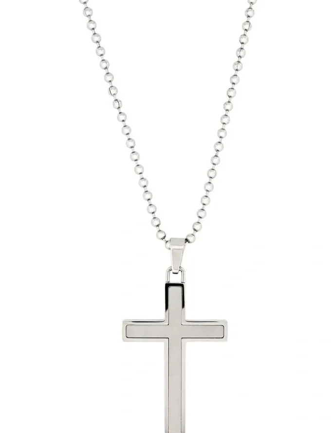 Cudworth Stainless Steel Cross Pendant With Ion Plated Pearl Inlay On Ball Chain in Silver