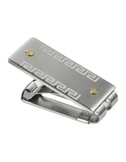 Cudworth Stainless Steel & Greek Key Patterned & Gold Screws Money Clip in Grey
