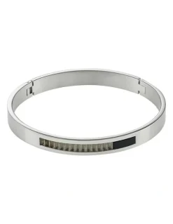 Cudworth Stainless Steel Bangle With Onyx And A Raw Corrugated Inlay in Silver