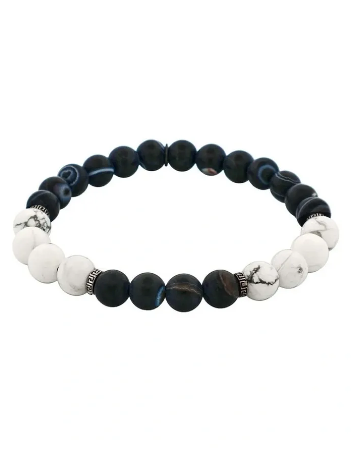 Cudworth Stone Beaded And Stainless Steel Bracelet in Black/White