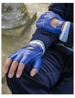 Dents Fingerless Leather Driving Gloves in Royal Blue