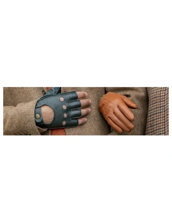 Dents Fingerless Leather Driving Gloves in British Racing Green