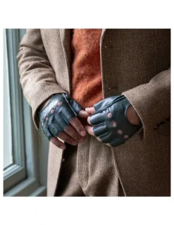 Dents Fingerless Leather Driving Gloves in British Racing Green