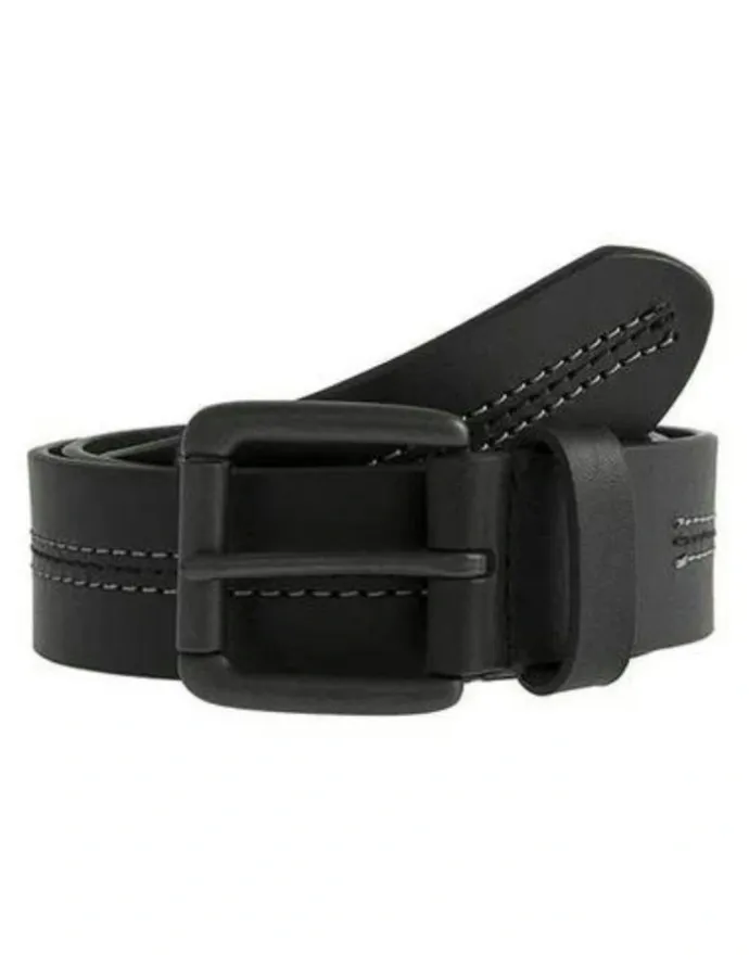 Dents Lined Leather Belt with Stitch Detail in Black