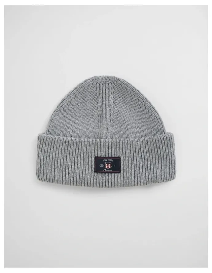 Gant Cotton Blend Ribbed Beanie in Grey Melange