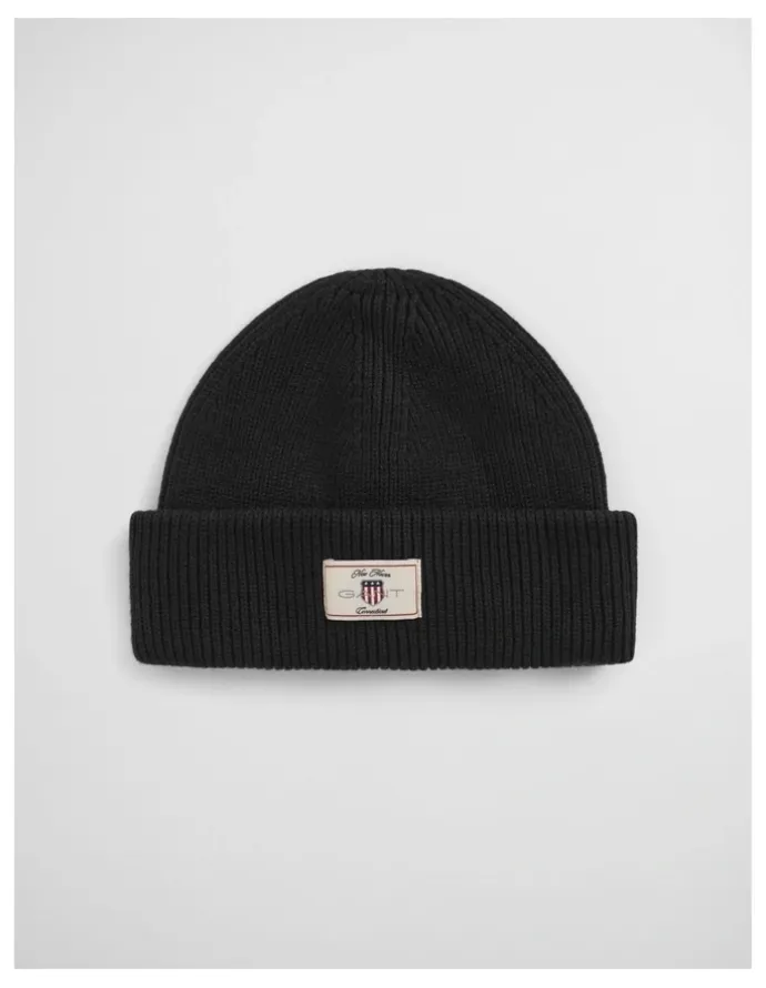 Gant Cotton Blend Ribbed Beanie in Black