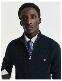 Gant Cotton Cable Half-Zip Knit in Evening Blue