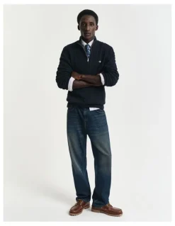 Gant Cotton Cable Half-Zip Knit in Evening Blue