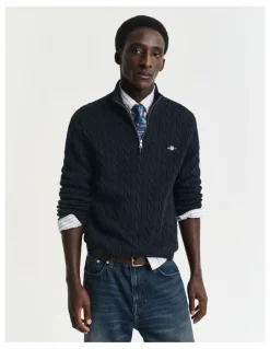 Gant Cotton Cable Half-Zip Knit in Evening Blue