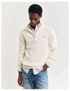 Gant Cotton Cable Half-Zip Knit in Cream