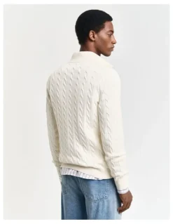 Gant Cotton Cable Half-Zip Knit in Cream