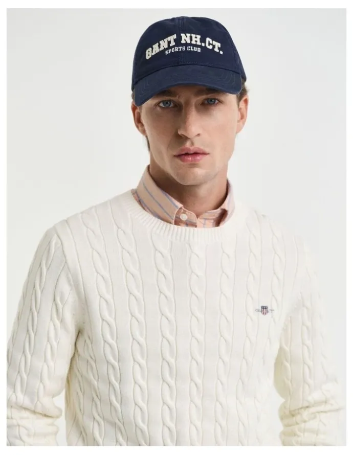 Gant Cotton Cable Knit Crew Neck Sweater in Cream