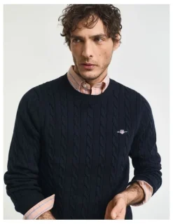 Gant Cotton Cable Knit Crew Neck Sweater in Evening Blue