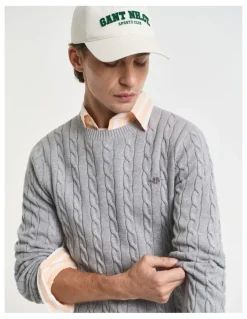 Gant Cotton Cable Knit Crew Neck Sweater in Grey Melange