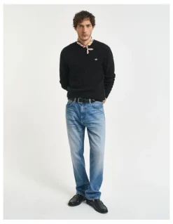 Gant Cotton Cable Knit Crew Neck Sweater in Black