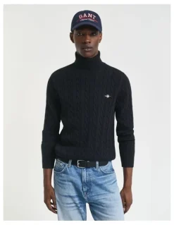 Gant Cotton Cable Knit Turtleneck Sweater in Black
