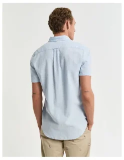 Gant Regular Fit Cotton Linen Short Sleeve Shirt in Fresh Blue