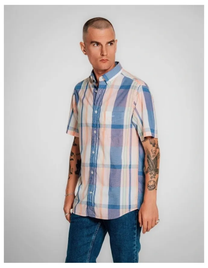 Gant Regular Fit Short Sleeve Madras Shirt in Eggshell