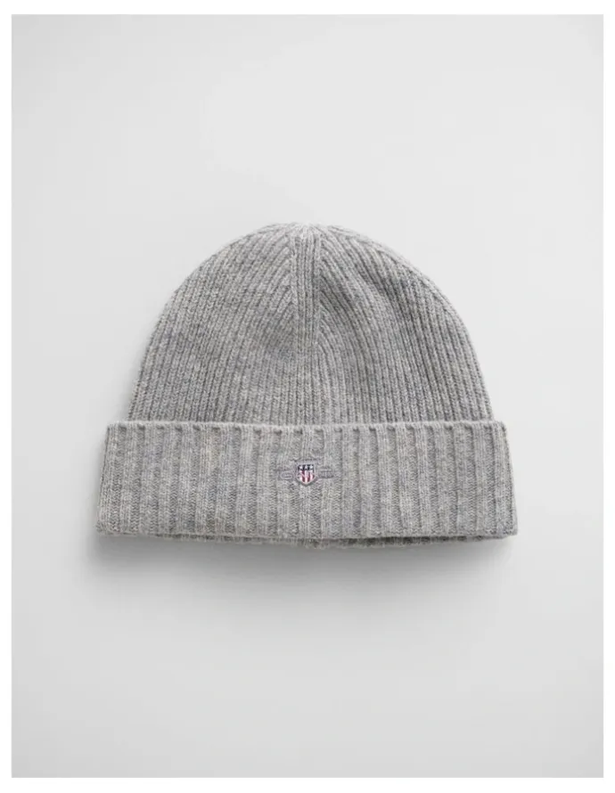 Gant Unisex Shield Wool Beanie in Grey Melange