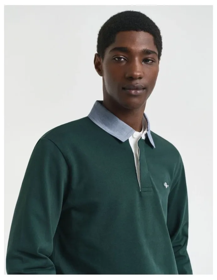 Gant Chambray Collar Heavy Rugger Shirt in Tartan Green