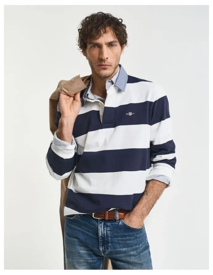Gant Chambray Collar Striped Heavy Rugger T-shirt in Eggshell