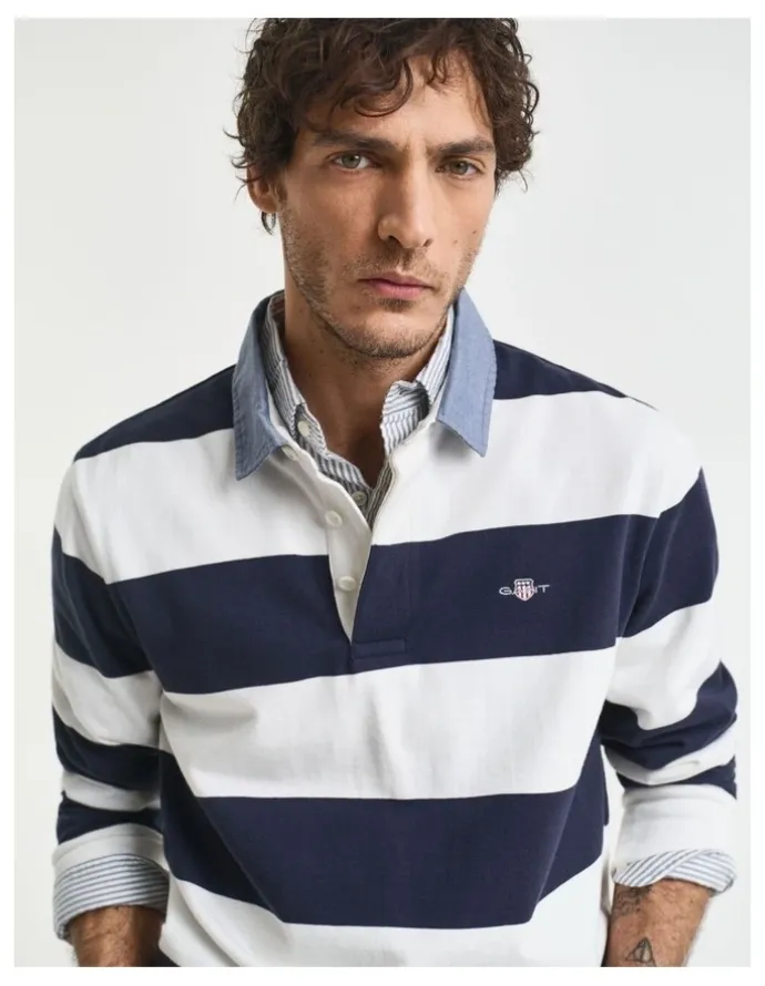 Gant Chambray Collar Striped Heavy Rugger T-shirt in Eggshell