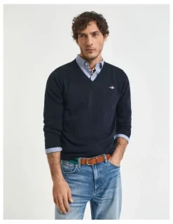 Gant Classic Cotton V-Neck Knitwear in Evening Blue