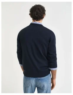 Gant Classic Cotton V-Neck Knitwear in Evening Blue